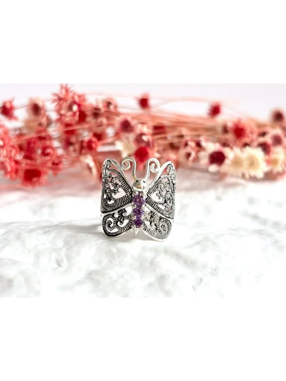 Butterfly Figural Amethyst Gemstone Sterling Silver 925 Vintage Ring - sz 8.5